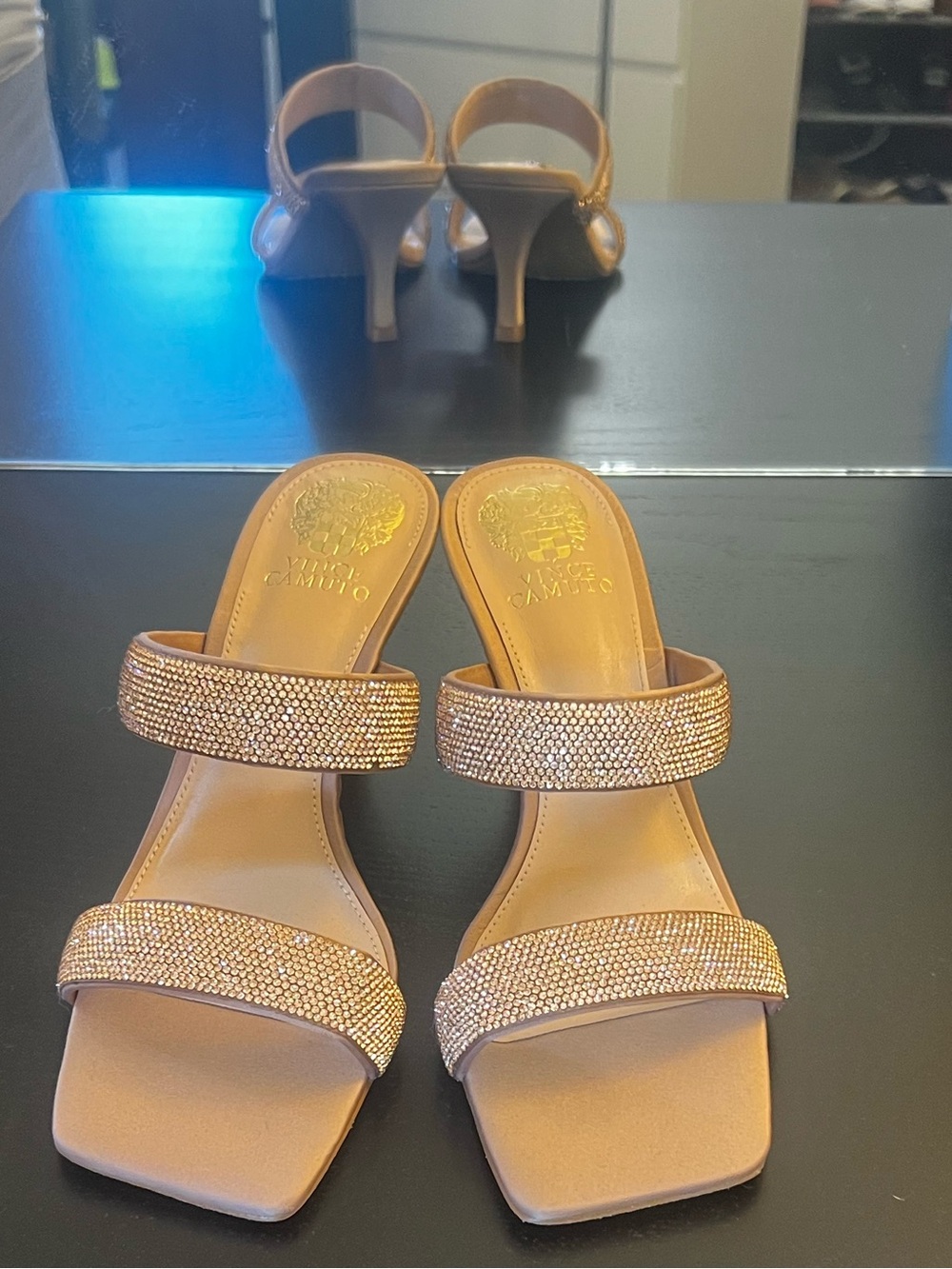 Vince Camuto Tan Rhinestone Double-Strap Mid Heels